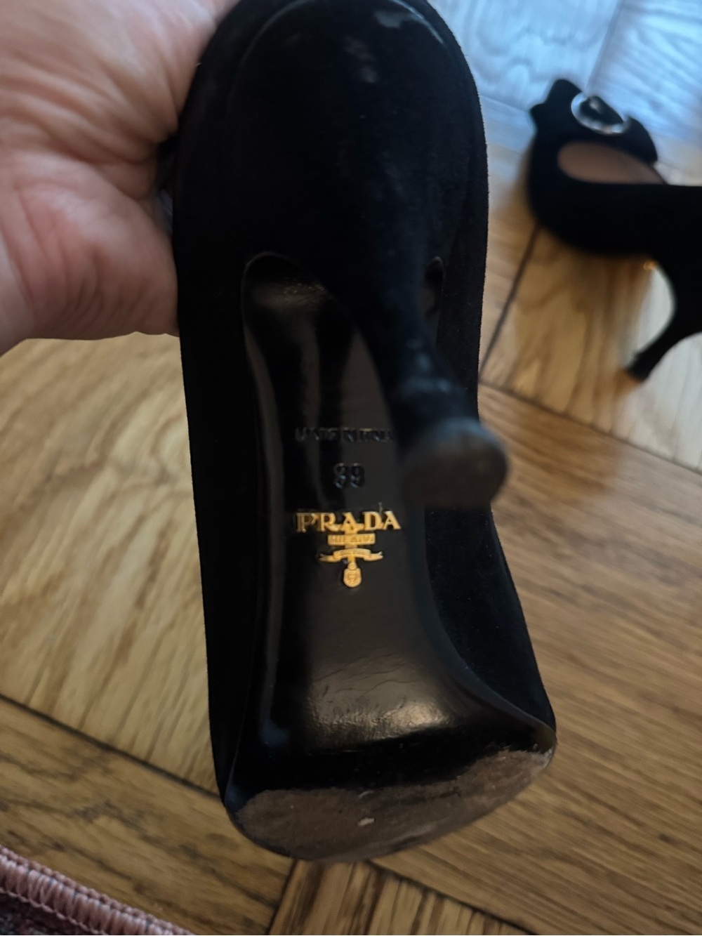 Prada Black Suede Pointed Toe Pumps with Silver Round Buckle - Picture 4 of 4